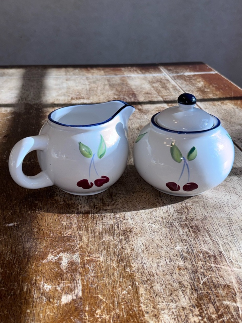 Vintage DANSK Morello Cherry Sugar Bowl & Creamer Set Blue Rim Japan Style EUC